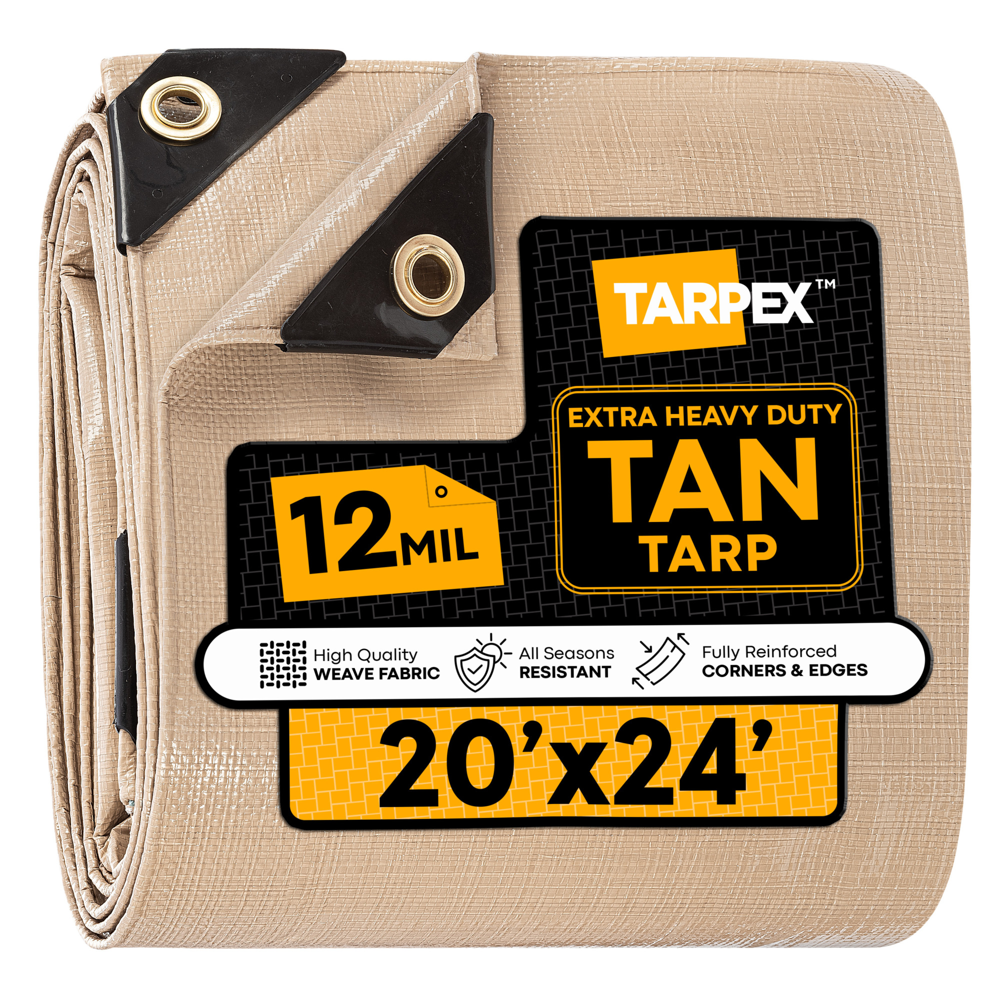 TARPEX 20' x 24' Tan Extra Heavy-Duty Weatherproof Tarp – 12 Mil Poly with Reinforced Edges for All-Purpose Protection